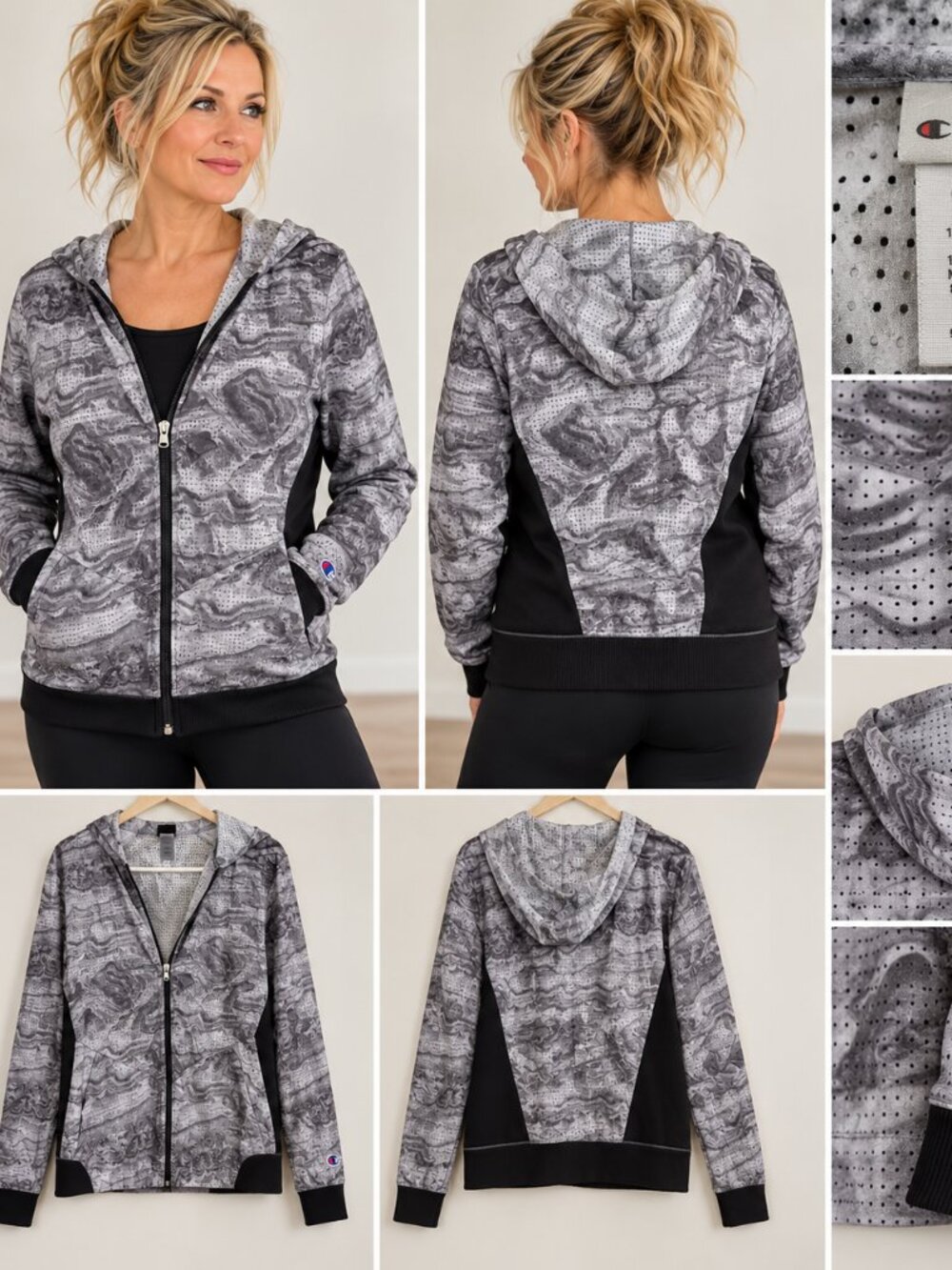 Champion Women’s Full Zip Windbreaker Jacket Large Gray Camo Athletic
